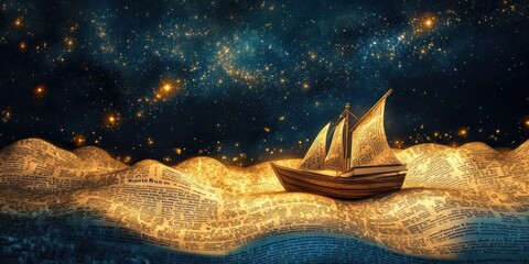 Sailing ship journeying through ocean of words illuminated by starry night sky