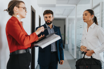 A group of business people engaged in a discussion in a contemporary office setting. The scene captures teamwork, communication, and corporate environment in business operations.