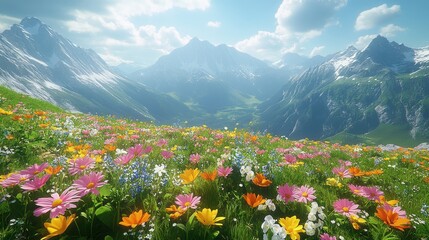 Alpine meadow wildflowers sunny day mountain vista travel