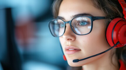 Young Woman with Headset Engaged in Online Communication