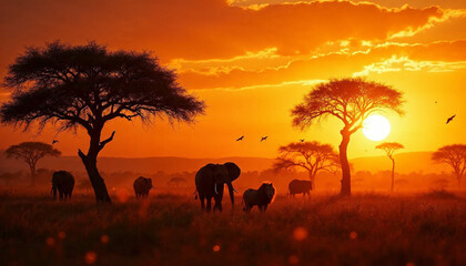 Fototapeta premium Silhouetted elephants roam the savanna at sunset