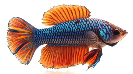 Fototapeta premium A red and blue dragon scale betta fish with thick, armor-like scales, beautifully isolated on a white background.