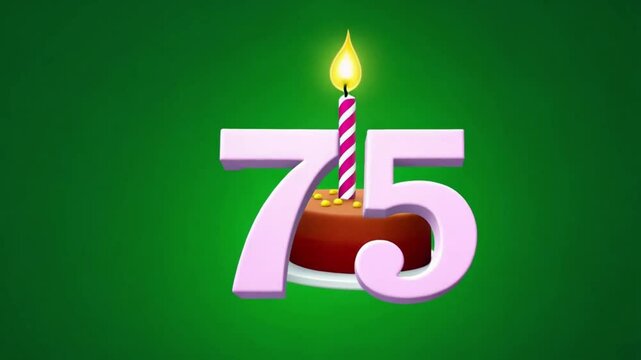 A 75th birthday cake is highlighted with a candle amidst a changing color backdrop, adding to the celebratory mood.