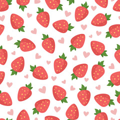 Cute strawberries and hearts cartoon seamless pattern. Sweet berry summer background.