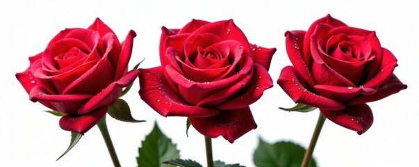 Three lush red roses adorned with sparkling water droplets, isolated against a stark white backdrop , floral design, flower, closeup