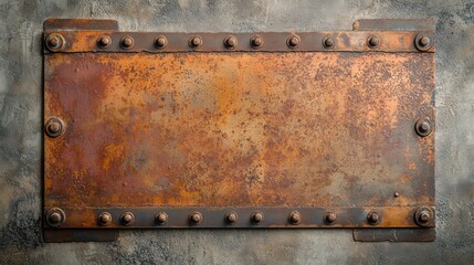 A rusted copper metal panel with prominent rivets, aged and distressed against a textured concrete backdrop.