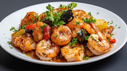 Fototapeta premium Sauteed Shrimp with Roasted Potatoes and Parsley Garnish A Culinary Delight