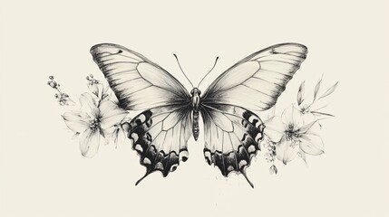 Obraz premium Elegant Black and White Butterfly with Flowers - Botanical Illustration