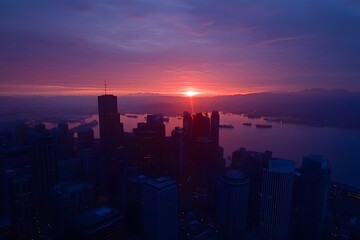 Fototapeta premium Cityscape sunrise, harbor, mountains, aerial view, vibrant colors, urban, dawn, design, website, backdrop