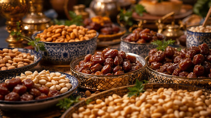 Fototapeta premium Traditional Middle Eastern Date and Nut Platter in Decorative Bowls