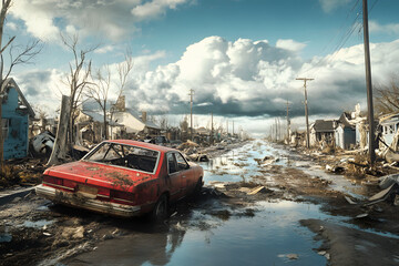 Abandoned car in a flooded street with destroyed houses, dark clouds, and a haunting post-apocalyptic landscape depicting the aftermath of a natural disaster or catastrophic event