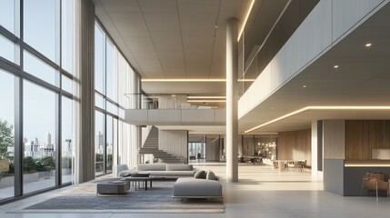 Fototapeta premium A spacious open-concept home with voice-activated lighting and a smart thermostat seamlessly integrated into the modern decor