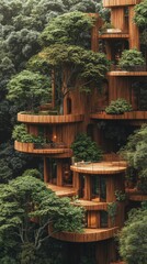 A unique wooden treehouse blends harmoniously with the surrounding forest