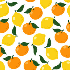 Summer tropical seamless pattern with lemons and oranges. Fruit repeating background for wallpaper, fabric and other design.