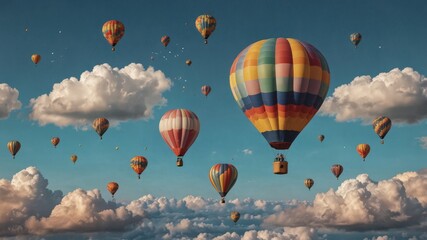 Obraz premium Hot air balloons float among fluffy clouds, a cheerful scene perfect for children's wallpaper.