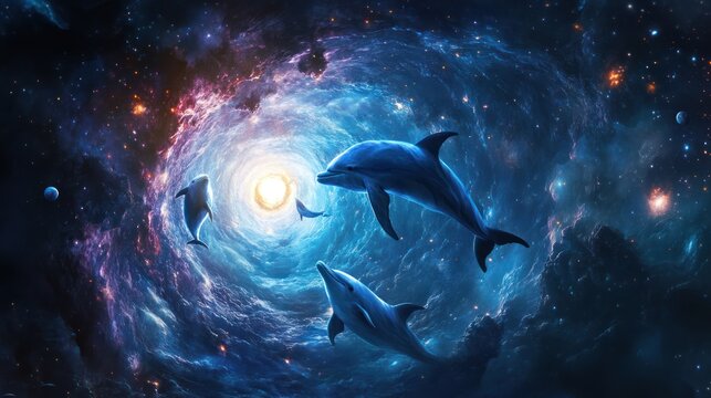 A surreal vision of dolphins emerging from a cosmic vortex, surrounded by floating asteroids and radiant star clusters