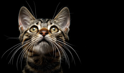 Obraz premium A striking portrait of a cat on a dark background, highlighting its sharp features, piercing eyes, and elegant fur. Perfect for projects focusing on pets, elegance, or mysterious aesthetics.