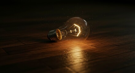 A glowing light bulb lies on a wooden floor, casting warm reflections in a dimly lit room