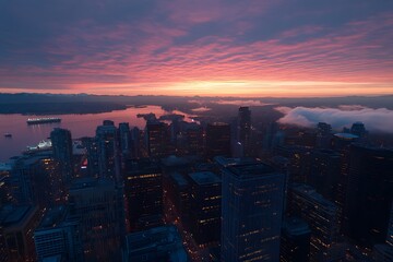 Fototapeta premium Cityscape sunrise, harbor, fog, twilight, aerial view, urban, buildings, waterfront, photography, website