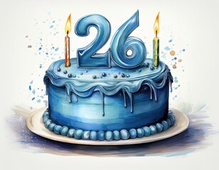 Illustration of decorated blue cake for birthday or anniversary party. Number 26, twenty-sixth birthday celebration