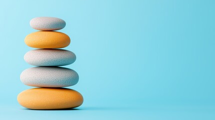 Colorful Stacked Stones on a Blue Background for Relaxation Themes