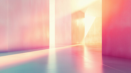 A long hallway with pink walls and pink pillars