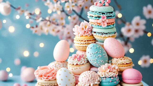 A delightful arrangement features various colors of macarons and beautifully decorated eggs in a charming spring setting. Soft lighting and cherry blossoms enhance the festive atmosphere