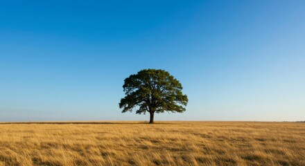 Obraz premium A solitary tree stands majestically in a golden field under a clear blue sky at sunset