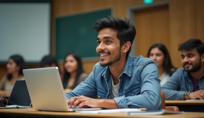 young indian student using laptop during a university lecture