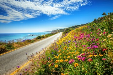 Sunny coastal road lined with vibrant wildflowers