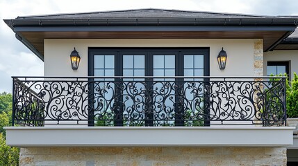 Elegant Balcony With Ornate Railing And Black Windows