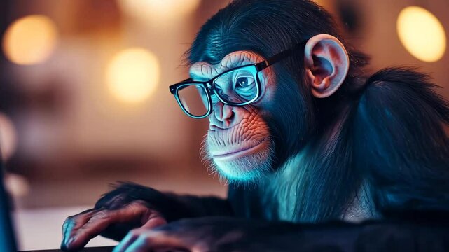 Curious monkey wearing glasses explores a laptop in a cozy indoor environment. The warm lighting creates an inviting atmosphere during this late afternoon activity
