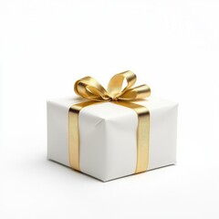 Elegant White Gift Box with Golden Ribbon on White Background