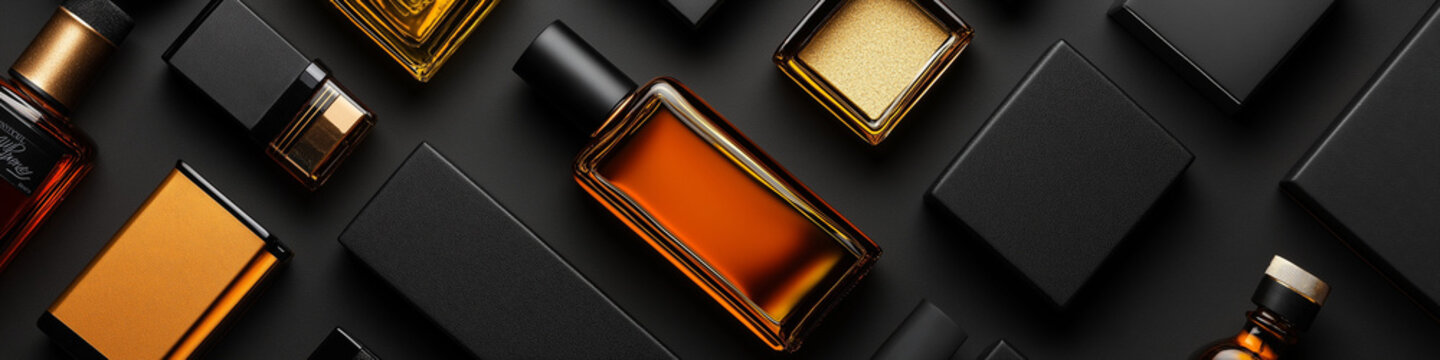 aftershave bottles knolling flat lay overhead arrangement