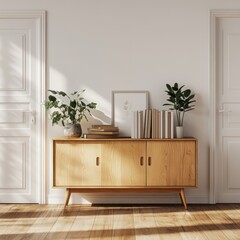 Light wood sideboard with plants and books in minimalist room.