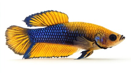 Fototapeta premium A yellow mustard gas betta fish with a mix of golden and blue hues, gracefully posed on a white background.