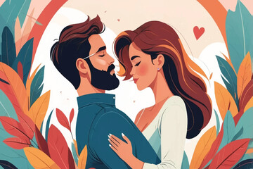 A couple in love. A man and a woman embrace tenderly. Family. Vector. Valentine's Day. Background of hearts and sunset. Color red, green.