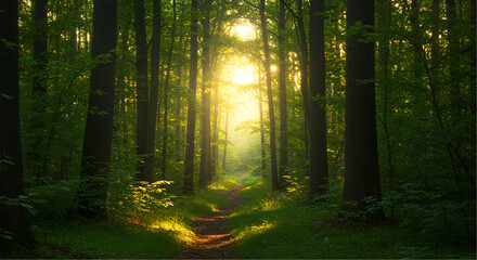 Fototapeta premium sun rays in the forest, A lush green forest with tall trees 