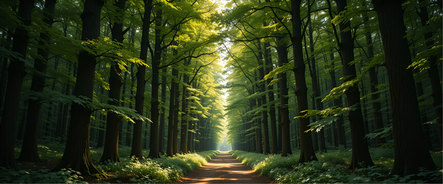 A lush green forest with tall trees forming a natural frame around the edges