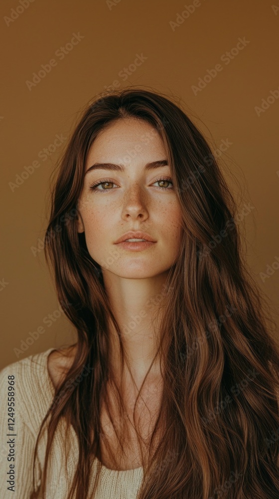Poster a woman with long, flowing brown hair gazes softly at the viewer, her features highlighted by a warm
