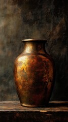 Ancient looking bronze vase resting on a wooden surface
