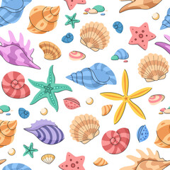 Obraz premium Children's cartoon seamless sea pattern with colorful shells and starfish. Bright tropical sea background. Summer hand drawn background for wallpaper and fabric.