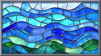 Blue ocean waves stained glass window, sky background, religious art, website design