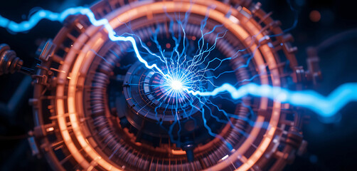Ultra-detailed 8K macro shot of a Tesla coil discharging electricity, showcasing sharp blue lightning arcs, fine plasma details, and soft ambient glow.