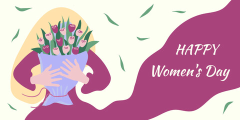 A girl hugs a bouquet of tulip flowers vector banner. The concept of greeting cards, invitations for Mother Day and Women Day. A bouquet of fresh tulips in her hands.