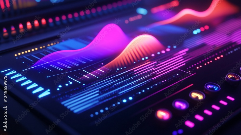 Poster neon futuristic technology interface with dynamic data visualization and colorful waveforms