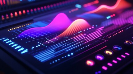 Neon Futuristic Technology Interface with Dynamic Data Visualization and Colorful Waveforms