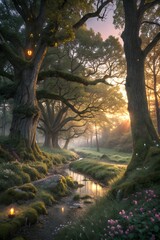 Obraz premium Magical Forest at Sunset with Fireflies