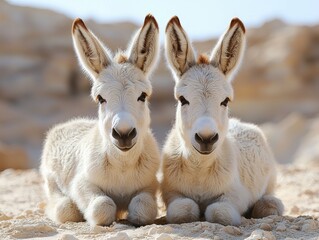 Two adorable young donkeys resting together in a sandy environment.