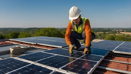 A view of a worker arranging photovoltaic panels on the roof of a building